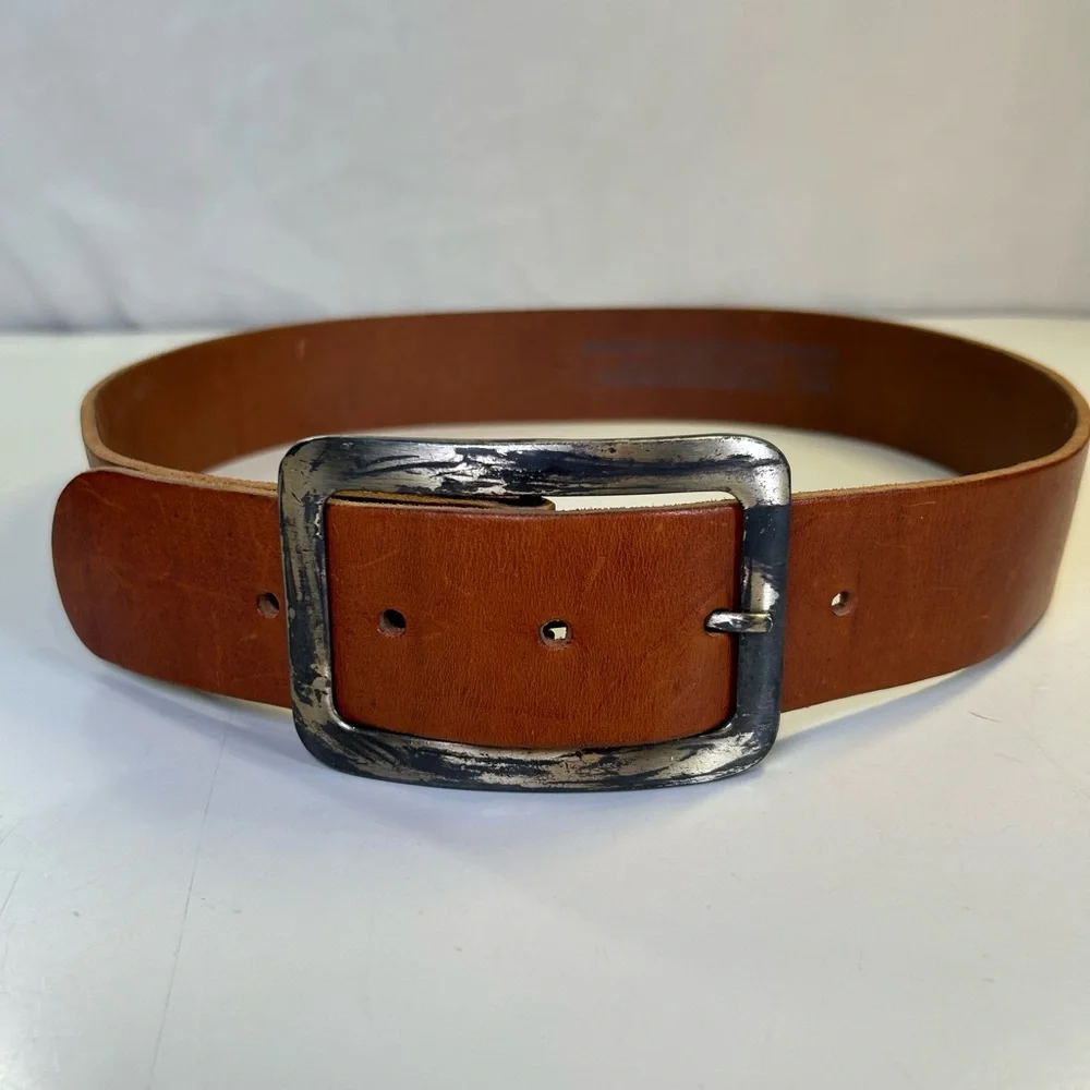 H&M Wide Brown Leather Belt, Unisex, Distressed Silver Buckle Size 33-34 - Picture 9 of 10